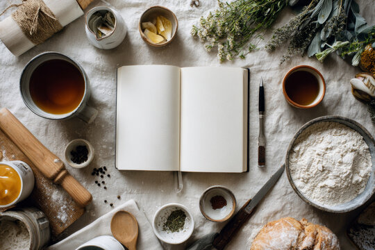 Open blank notebook surrounded by various ingredients, tea cups, and baking tools on a textured fabric surface, creating a cozy culinary atmosphere for recipe planning - Powered by Adobe