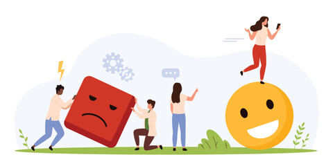 Teamwork and strategy depicted by small people moving sad block and celebrating on happy emoji, symbolizing career growth, problem solving, motivation, success isolated vector illustration