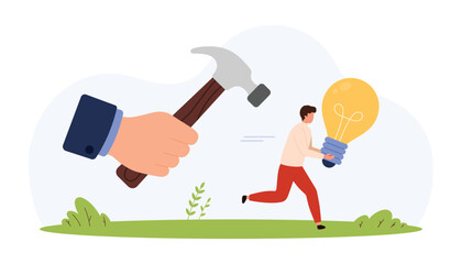 Man running with light bulb chased by large hand holding hammer symbolizing business risk, threat to innovation, creative danger, flat style isolated vector illustration