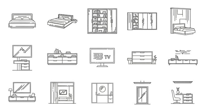 furniture line art illustrating modern home decor showcasing beds cabinets and tv units for interior design inspiration and creating comfortable spaces