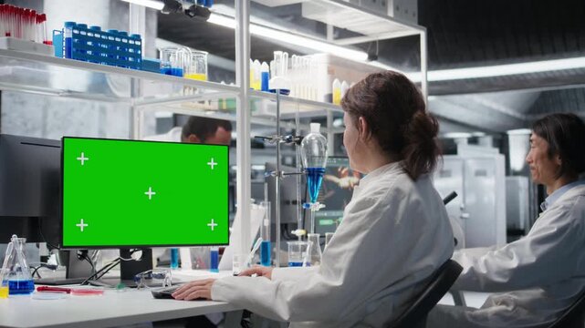 Scientist typing on keyboard, using green screen computer program in laboratory, driving treatment discovery. Expert using bioinformatics software on chroma key PC in sterile lab, camera A