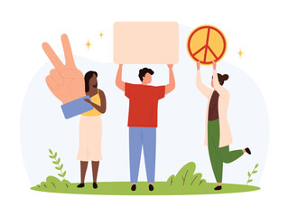 Group of diverse people holding peace sign, blank placard, and making victory gesture, symbolizing harmony, anti-war message, and social activism isolated vector illustration