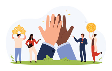Business people celebrating teamwork achievement with high five, stars, and target symbolizing collaboration, motivation, and goal accomplishment isolated vector illustration