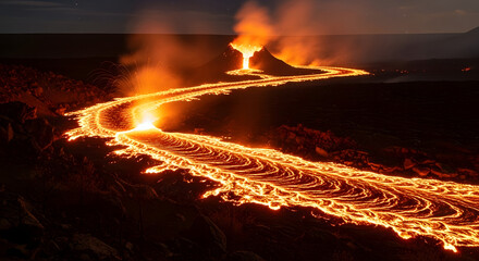powerful volcanic eruption lava river flowing at night