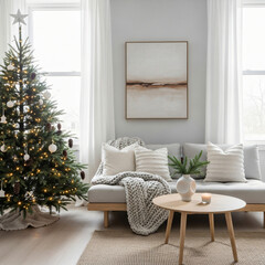 Modern living room decorated for Christmas with beautiful Christmas tree, warm lights, and cozy sofa.