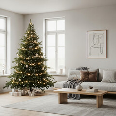 Modern living room decorated for Christmas with beautiful Christmas tree, warm lights, and cozy sofa.