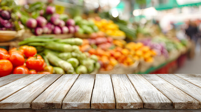 Empty wooden table with blurred colorful fresh produce display in grocery store