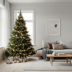 Modern living room decorated for Christmas with beautiful Christmas tree, warm lights, and cozy sofa.