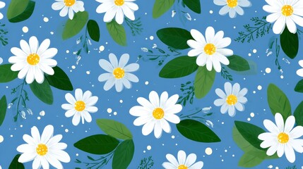 An illustrated pattern featuring daisy-like flowers with white petals and yellow centers, surrounded by green leaves and small buds, set on a blue background