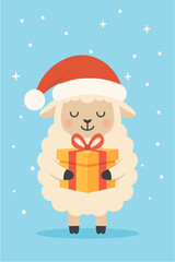 Cute Christmas Sheep Holding Gift Box in Modern Flat Design