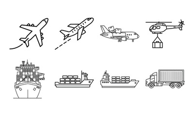 Obraz premium Global logistics and shipping transportation icons set outline style illustration