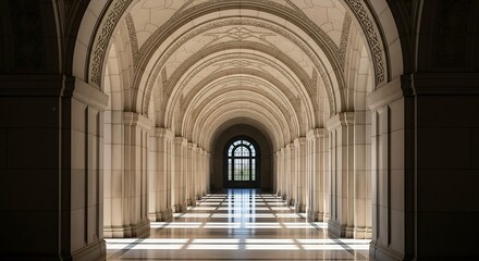 Obraz premium Sunlit stone arches of a historical building creating linear perspective