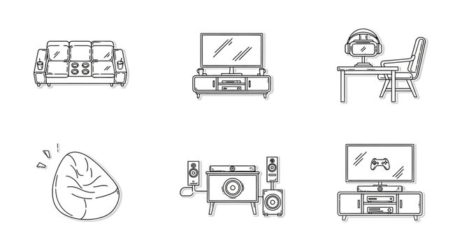 gaming setup illustration couch tv gaming chair speakers and beanbag create a cozy gaming space for entertainment ideal for gaming blogs.