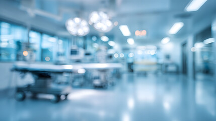 Blurred image of a modern operating room with surgical lights and equipment