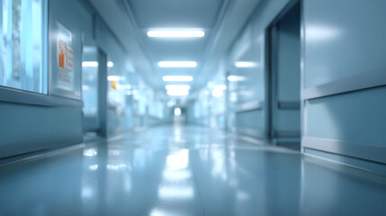 Fototapeta premium Long sterile hospital corridor with bright lights and reflective floor