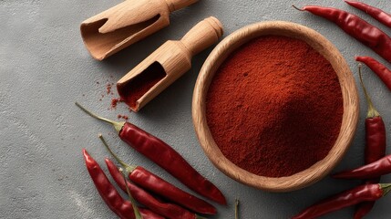 Overhead shot showcases a wooden bowl filled with vibrant red powder, nestled by two wooden scoops and scattered fresh red chilies