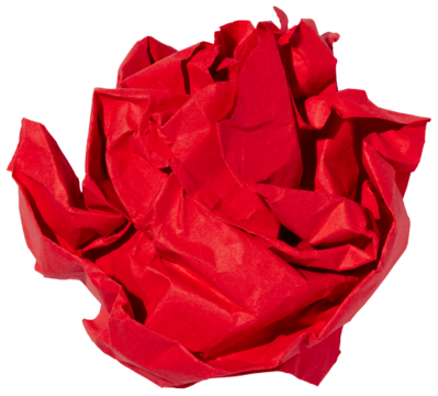 Bright scarlet red paper ball from crumpled used sheet, isolated element for design