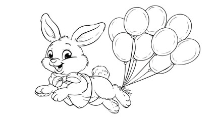 Flying Easter Bunny Balloons Coloring Page Vector Illustration