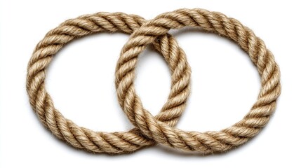 Obraz premium Two interlocking rope circles lie on a white surface, creating a visual of infinity or interconnectedness, shadows gently defining the form