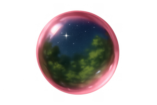 Glossy pink bubble encompassing a serene night sky with stars and vibrant green forest, symbolizing fantasy, dreams, and new worlds