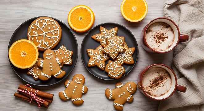 A festive flat lay of decorated gingerbread cookies, mugs of hot cocoa, and fresh oranges on a wooden surface.