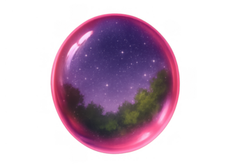 Pink bubble containing a glowing starry night sky over a forest, dreaming of imagination and fantasy