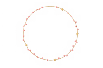 Round gold frame decorated with pink beads and golden stars, a festive design element on transparent background