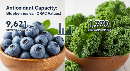 Compare the antioxidant capacity of blueberries versus kale based on ORAC values.