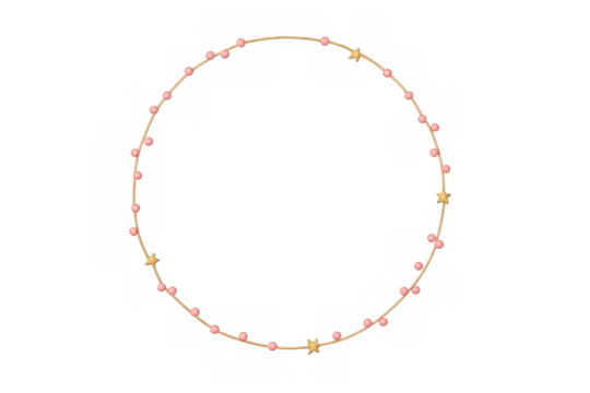 Round gold frame decorated with pink beads and golden stars, a festive design element on transparent background