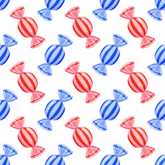 Seamless pattern with red and blue striped candies on a white background. Cute festive vector design perfect for wrapping paper, kids textiles, packaging, and holiday projects. Vector illustration