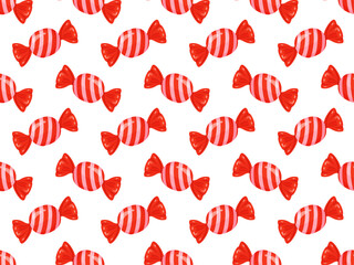 Seamless pattern with red striped candies on a white background. Cute festive vector design perfect for wrapping paper, kids textiles, packaging, and holiday projects. Vector illustration