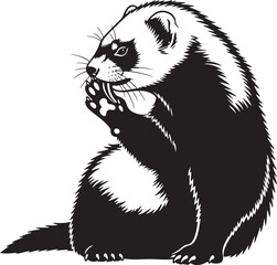 Black and white ferret image charming ferret sitting and nibbling with detailed fur texture realistic animal art