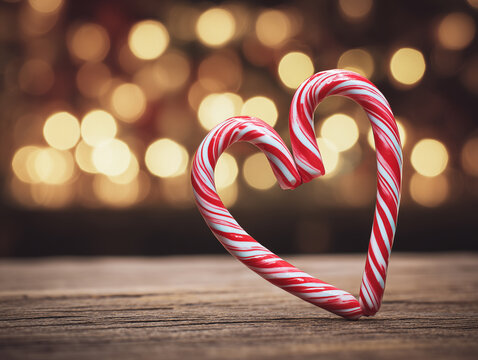 Red and white striped candy cane in the shape of a heart on a rustic wooden table