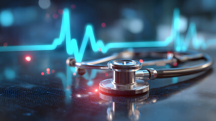 Stethoscope with glowing blue ekg heart rhythm overlay medical technology