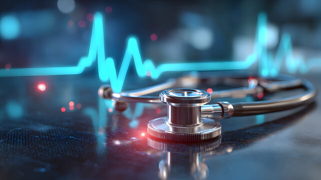 Stethoscope with glowing blue ekg heart rhythm overlay medical technology