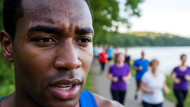 Marathon Grit and Resolve: An African American marathon runner, sweat glistening on his face, pushes through the final stretch alongside fellow athletes in a lakeside race.