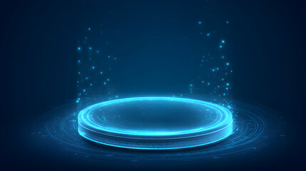 Futuristic glowing blue podium with particles on dark background