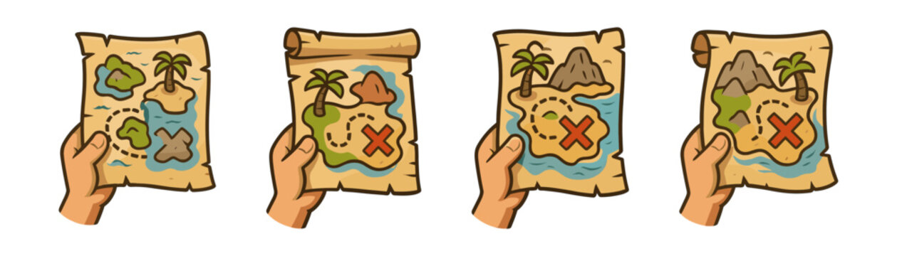 Treasure maps with hands cartoon icons , pirate, quest, adventure, exploration, game