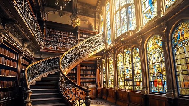 Elegant vintage library with spiral staircase and tall windows glowing in warm sunlight. Interior concept