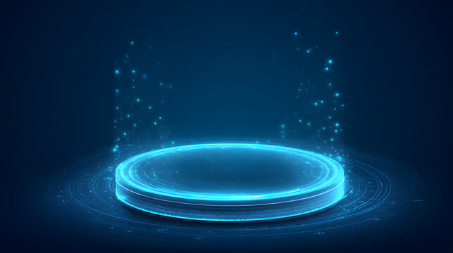 Futuristic glowing blue podium with particles on dark background
