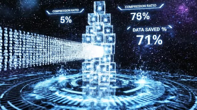 Digital data visualization depicting compression. Cubes, binary code, and star field background