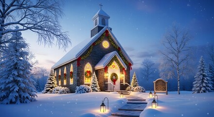 A cozy country church decorated for Christmas on a snowy winter night.