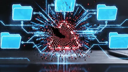 A finger touches a glowing warning symbol surrounded by digital folders, futuristic theme - Powered by Adobe