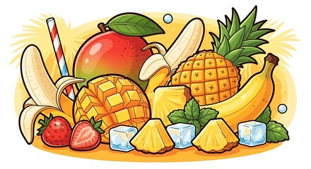 Vibrant Tropical Fruit Medley with Bananas, Mangoes, Pineapples, and Strawberries.