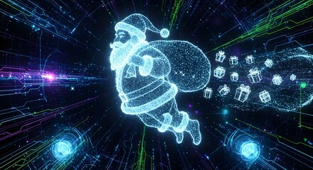 A futuristic digital hologram of Santa Claus flying through a cyberspace tunnel with a sack of glowing presents.