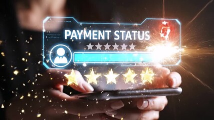 Person holds smartphone displaying "Payment Status" notification with progress bar, stars and an exclamation mark - Powered by Adobe
