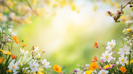 Obraz premium パステルカラーの春の花々が囲むフラワーフレーム構図｜春の清潔感と優しさを表現した空間用背景イラスト素材