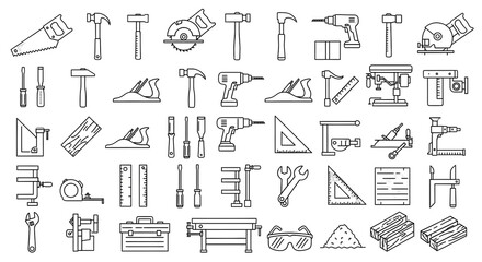 Professional workshop collection featuring essential tools and equipment for crafting and construction projects.