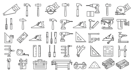 Professional workshop collection featuring essential tools and equipment for crafting and construction projects.