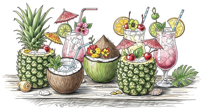 Tropical Drinks Display - Pineapple, Coconut, and Cocktail Delights.